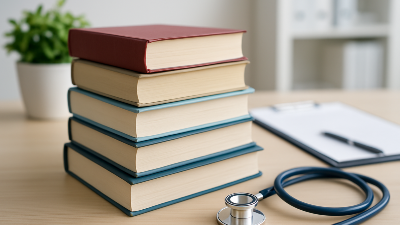 A stack of books beside a stethoscope and a clipboard on a wooden table