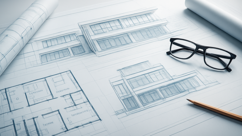 Architectural blueprints with a pencil and glasses on a desk