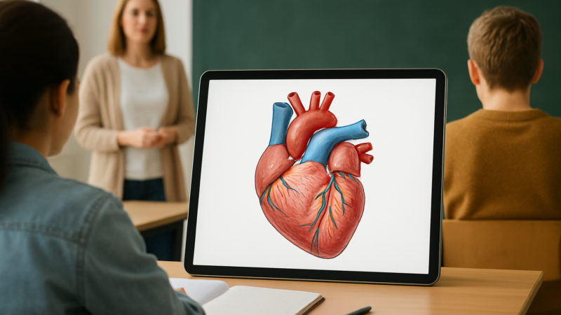 Illustration of a human heart displayed on a tablet in a classroom setting.