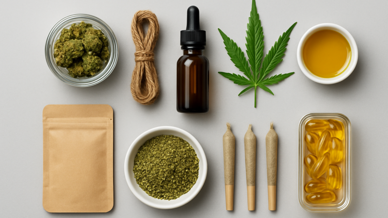 A variety of cannabis products including flower, tinctures, and edibles arranged on a gray background.