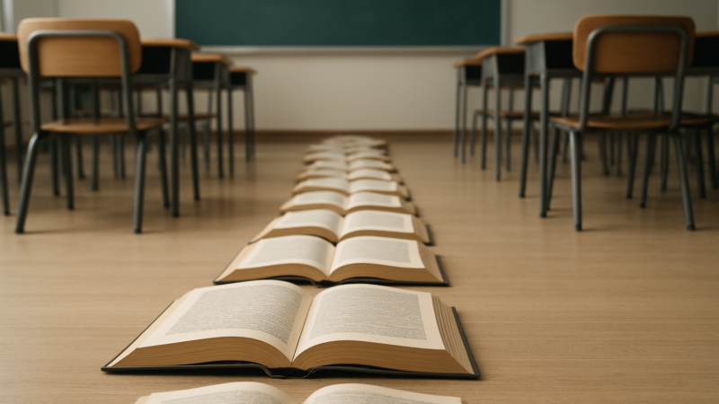 A row of open books on a classroom floor leading to empty desks and a chalkboard
