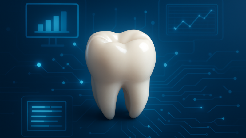 A realistic depiction of a dental crown with a technological background